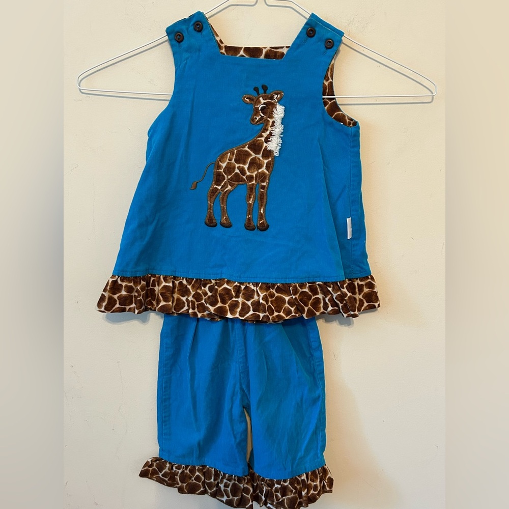 The Bailey Boys Blue Soft Corduroy Giraffe appliqué Leopard Print Trim Size 12 M